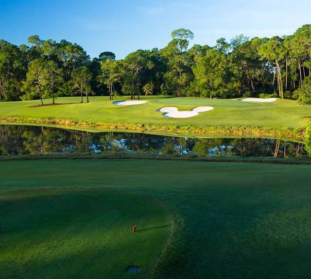 Mickey bunkers lit up by early morning sun at Disney World's Magnolia Golf Course